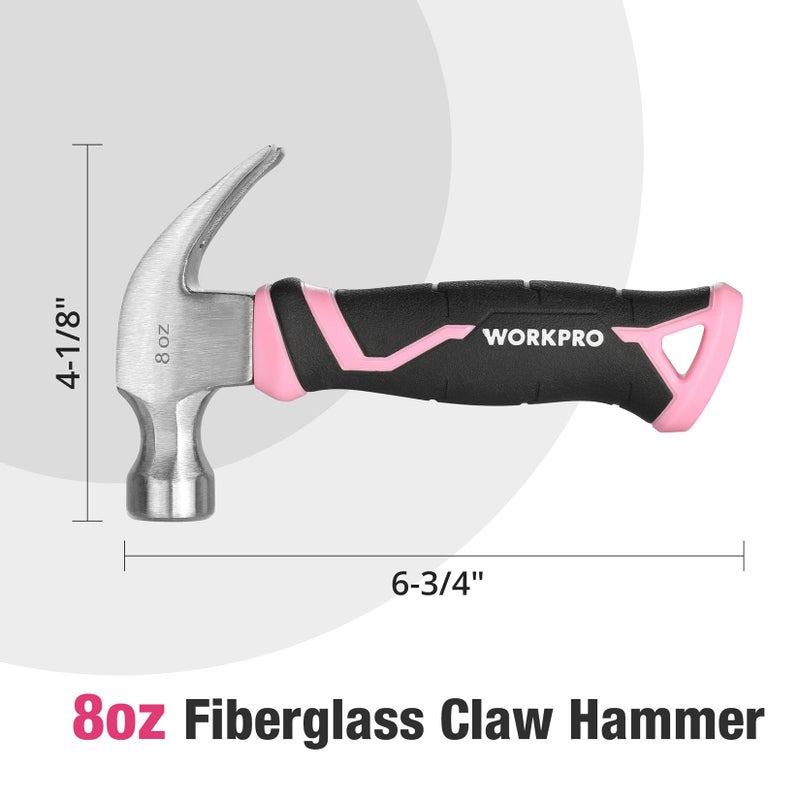 WORKPRO 8 oz Claw Hammer with Fiberglass Handle, All Purpose Hammer with Forged Hardened Steel Head, Pink Ribbon - Image 2