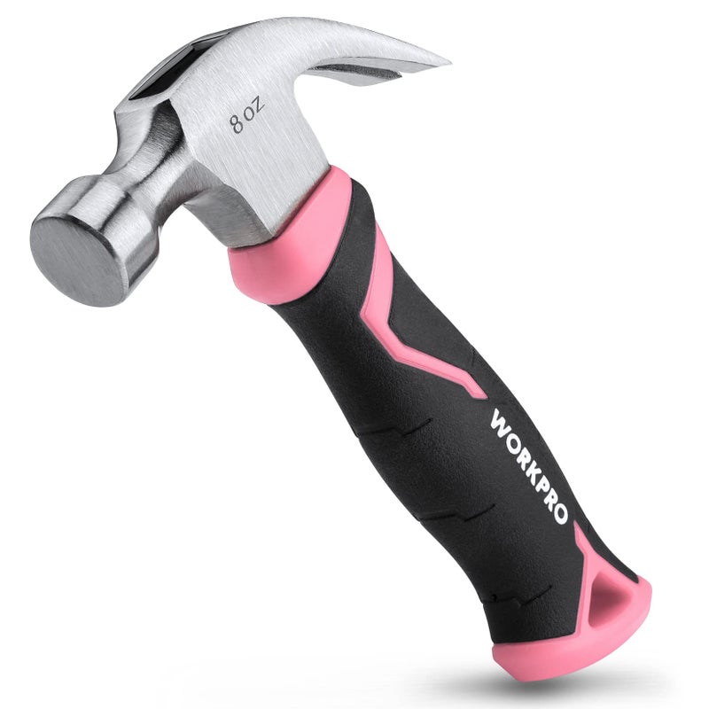 WORKPRO 8 oz Claw Hammer with Fiberglass Handle, All Purpose Hammer with Forged Hardened Steel Head, Pink Ribbon - Image 1