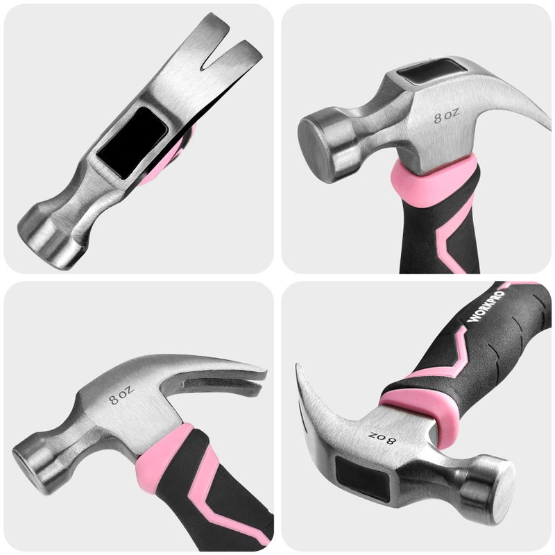 WORKPRO 8 oz Claw Hammer with Fiberglass Handle, All Purpose Hammer with Forged Hardened Steel Head, Pink Ribbon - Image 5
