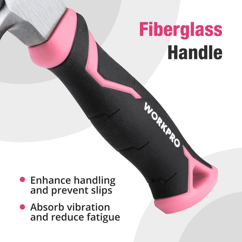 WORKPRO 8 oz Claw Hammer with Fiberglass Handle, All Purpose Hammer with Forged Hardened Steel Head, Pink Ribbon - Image 4