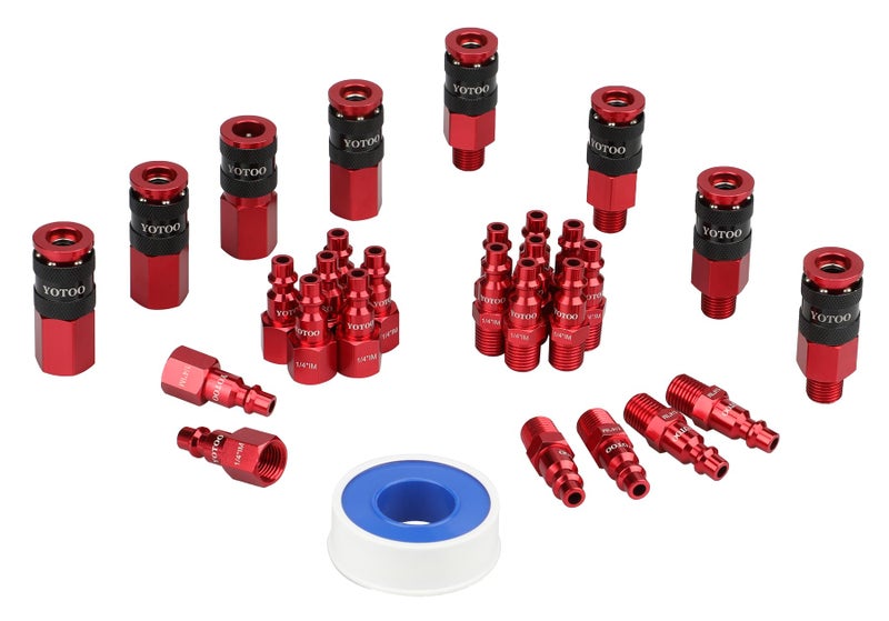 YOTOO 29 Pieces Universal Air Coupler and Plug Kit, Quick Connect Air Fittings, Heavy Duty Aluminum Air Hose Fittings, Lightweight, Push to Connect for air tools and air compressor, Red - Image 1