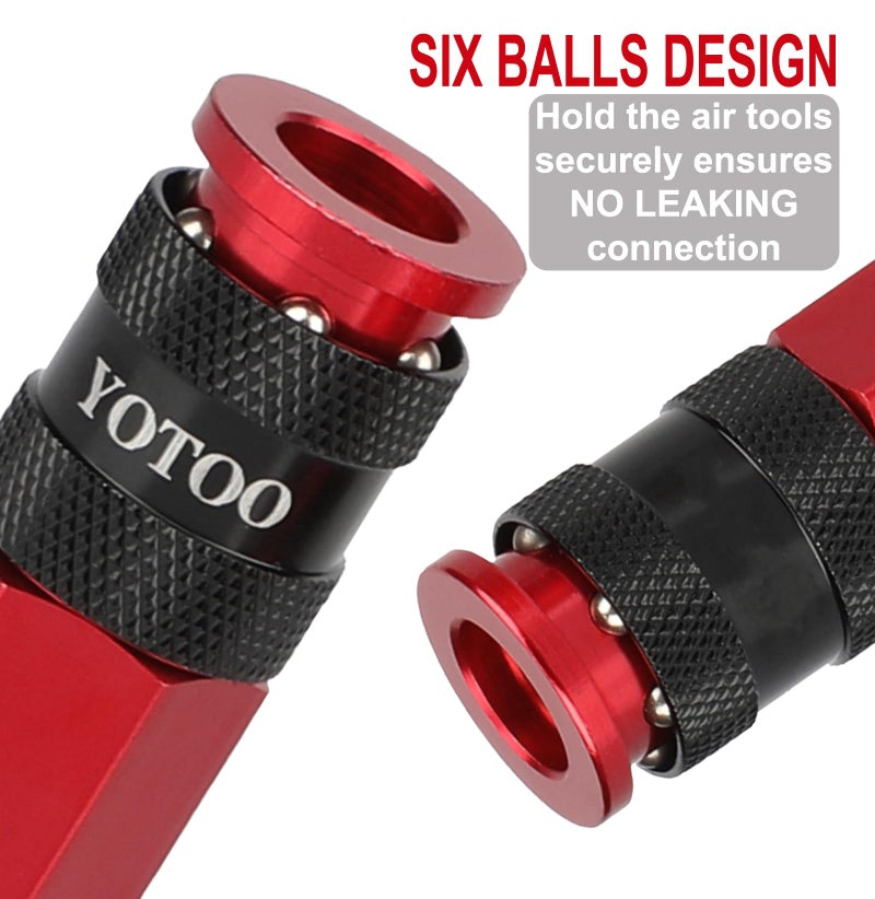 YOTOO 29 Pieces Universal Air Coupler and Plug Kit, Quick Connect Air Fittings, Heavy Duty Aluminum Air Hose Fittings, Lightweight, Push to Connect for air tools and air compressor, Red - Image 4