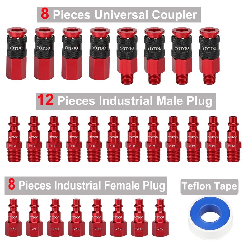 YOTOO 29 Pieces Universal Air Coupler and Plug Kit, Quick Connect Air Fittings, Heavy Duty Aluminum Air Hose Fittings, Lightweight, Push to Connect for air tools and air compressor, Red - Image 2