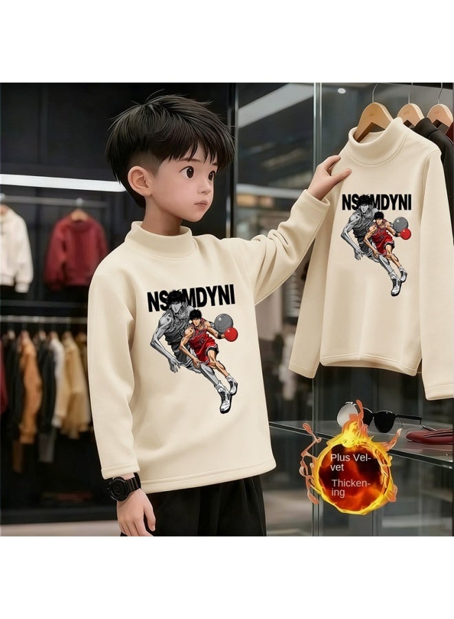 Boys And Girls' Thick Half High Neck Velvet Bottom Shirt, Autumn And Winter New Warm Baby Long Sleeve T-shirt - Image 1