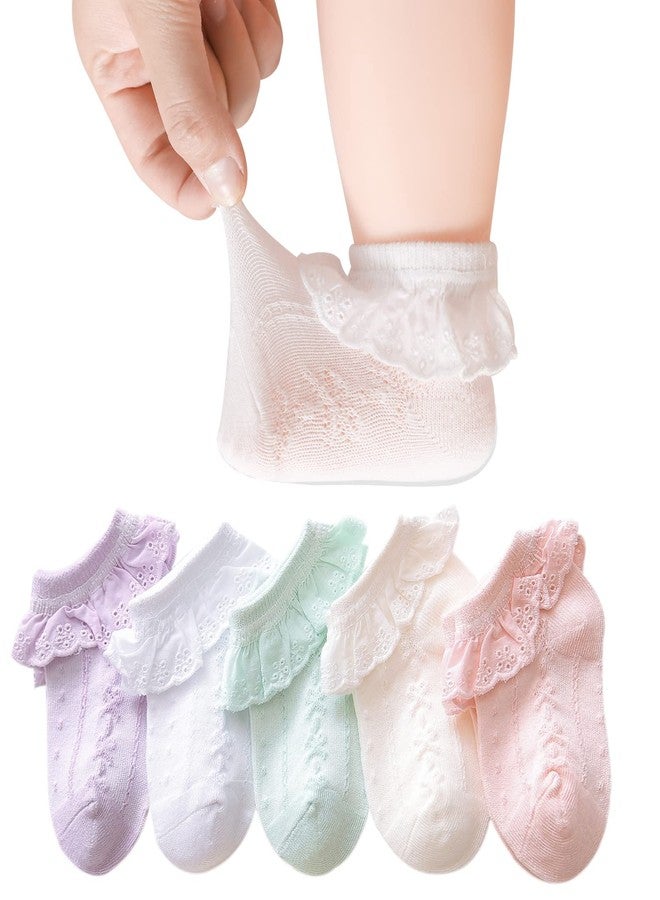 Hakugoo Baby Girl Lace Ruffle Socks - Cotton Eyelet Frilly Socks, 5 Pairs Princess Dress Socks in White, Green, Ivory, Pink, Purple - Newborn to 3 Months - Image 1