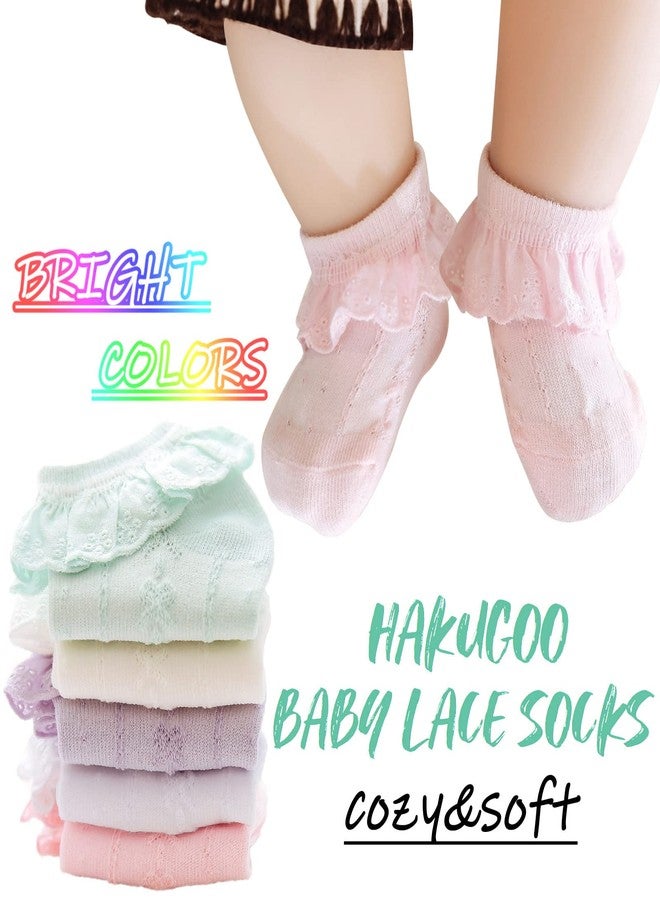 Hakugoo Baby Girl Lace Ruffle Socks - Cotton Eyelet Frilly Socks, 5 Pairs Princess Dress Socks in White, Green, Ivory, Pink, Purple - Newborn to 3 Months - Image 3