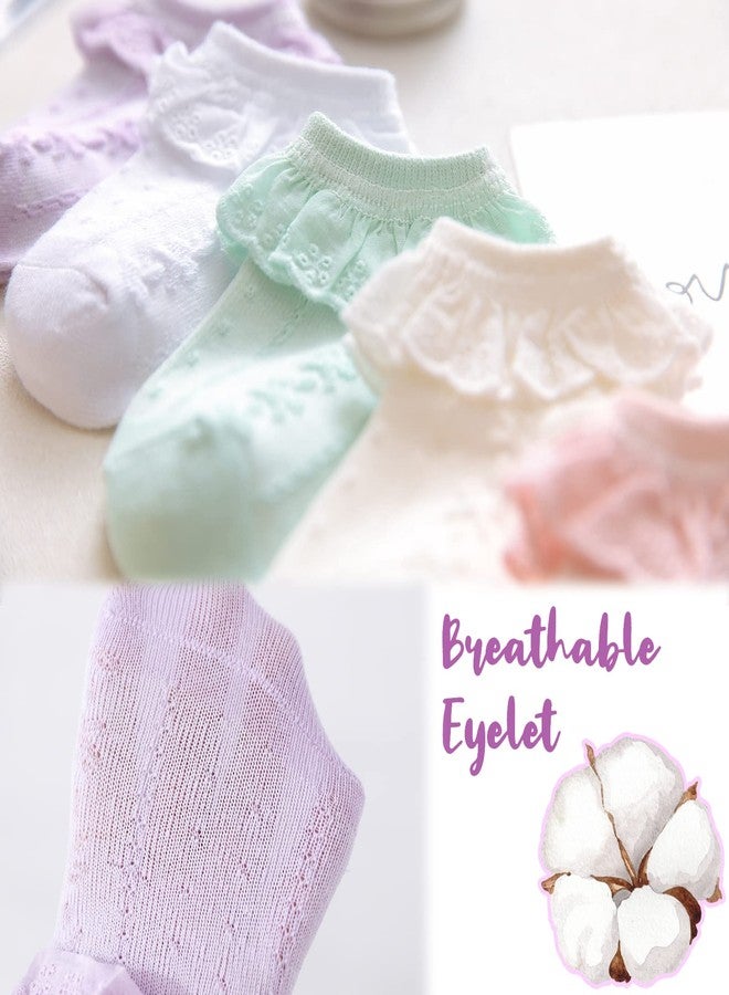 Hakugoo Baby Girl Lace Ruffle Socks - Cotton Eyelet Frilly Socks, 5 Pairs Princess Dress Socks in White, Green, Ivory, Pink, Purple - Newborn to 3 Months - Image 5