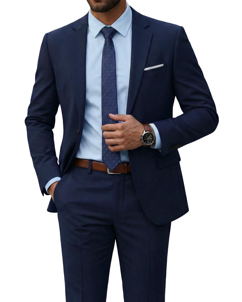 YND Men's 2 Piece Suit with Tie, One Button Slim Fit Solid Jacket and Pants Set, Suits for Men Prom Party Wedding & Business, Deep Blue - Image 1