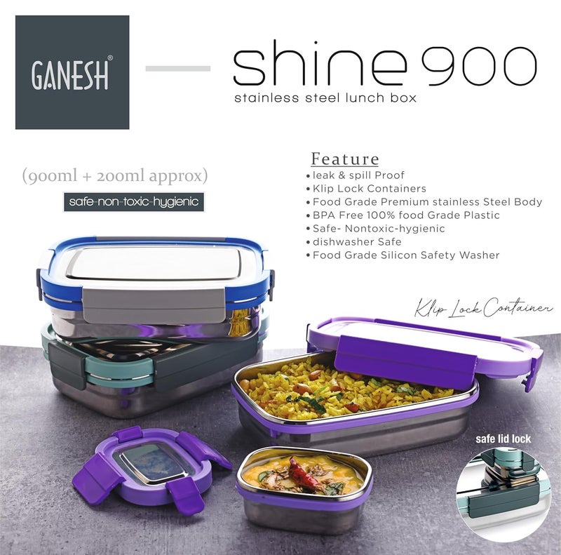 Ganesh Shine Stainless Steel Airtight Leak-Proof Lunch Box for Office, School, Picnic - 900ml - Color May Vary - Image 4