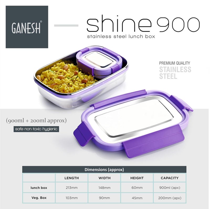 Ganesh Shine Stainless Steel Airtight Leak-Proof Lunch Box for Office, School, Picnic - 900ml - Color May Vary - Image 3