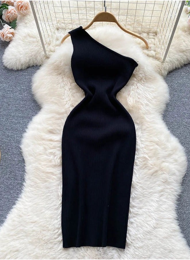Generic Ins Fashion One Shoulder Knitted Bodycon Dress Lady Elastic Outfits Package Hips White Mini Dress Party Vestidos 