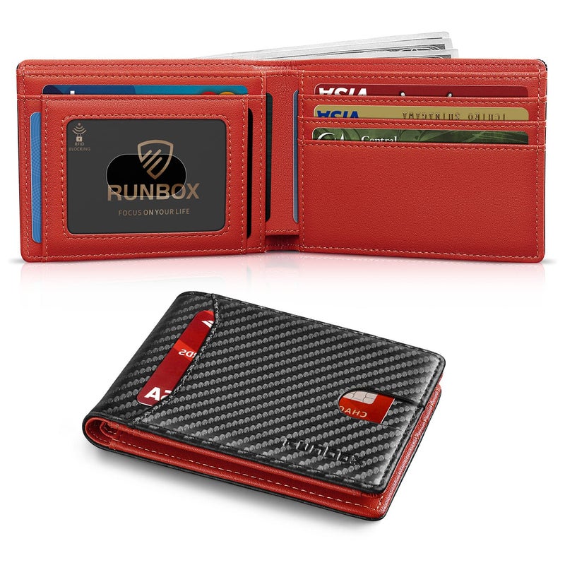RUNBOX محفظة للرجال نحيفة 11 فتحة لحامل بطاقات الائتمان جلد حجب RFID صغيرة رقيقة محفظة رجال قابلة للطي بسيطة جيب أمامي سعة كبيرة صندوق هدايا أحمر - Image 1