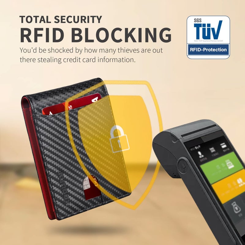 RUNBOX محفظة للرجال نحيفة 11 فتحة لحامل بطاقات الائتمان جلد حجب RFID صغيرة رقيقة محفظة رجال قابلة للطي بسيطة جيب أمامي سعة كبيرة صندوق هدايا أحمر - Image 4