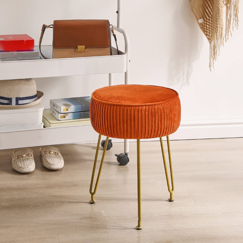 IBUYKE Velvet Round Footrest Stool Ottoman, Makeup Vanity Stool Side Table, Velvet Dressing Table Seat, Pouf Couch Stool, Golden Steel Legs, Orange LG-30J - Image 3