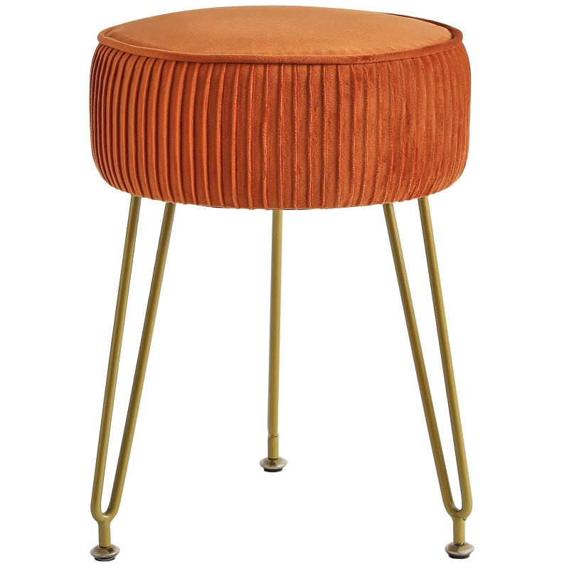 IBUYKE Velvet Round Footrest Stool Ottoman, Makeup Vanity Stool Side Table, Velvet Dressing Table Seat, Pouf Couch Stool, Golden Steel Legs, Orange LG-30J - Image 1