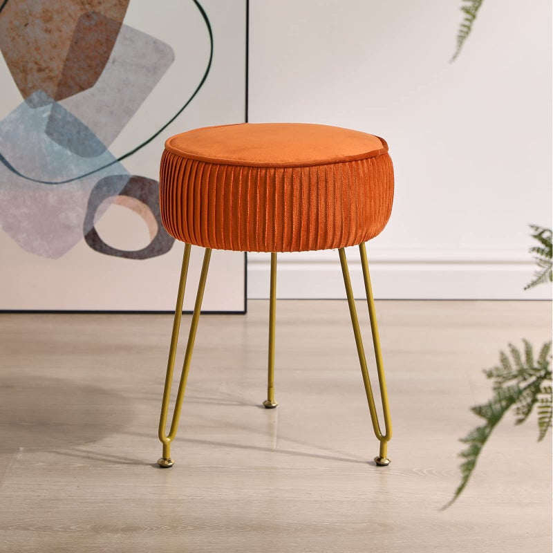 IBUYKE Velvet Round Footrest Stool Ottoman, Makeup Vanity Stool Side Table, Velvet Dressing Table Seat, Pouf Couch Stool, Golden Steel Legs, Orange LG-30J - Image 2