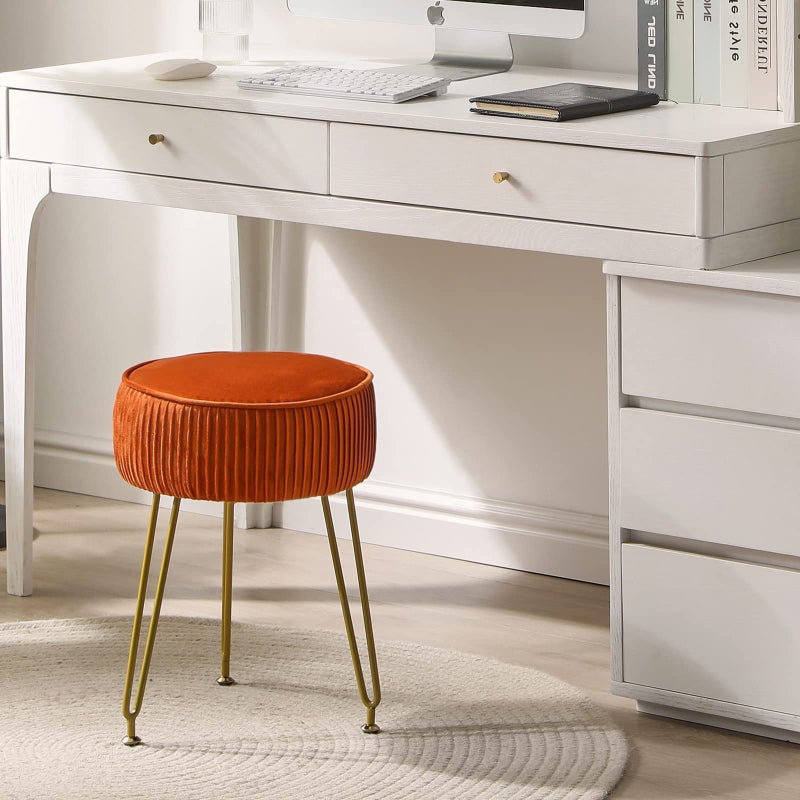 IBUYKE Velvet Round Footrest Stool Ottoman, Makeup Vanity Stool Side Table, Velvet Dressing Table Seat, Pouf Couch Stool, Golden Steel Legs, Orange LG-30J - Image 4