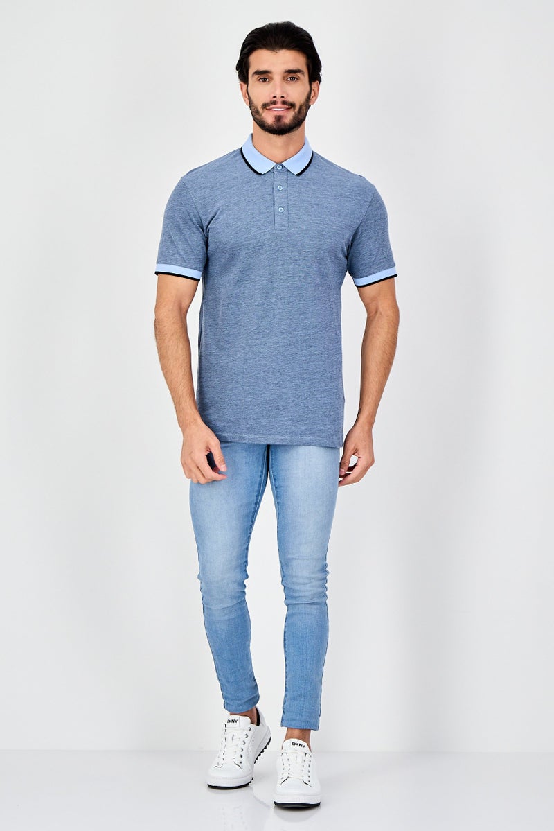 Celio Men Regular Fit Textured Short Sleeve Polo Shirt, Heather Blue - Image 4
