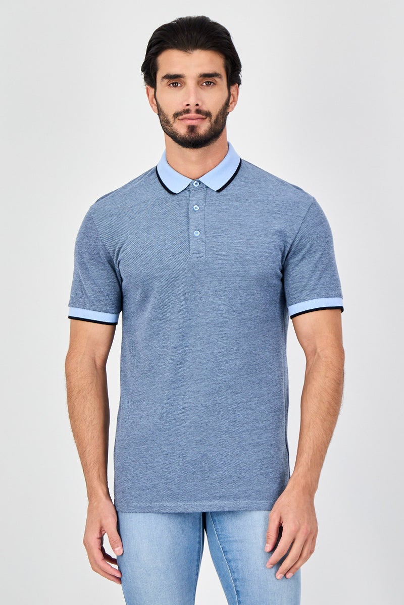 Celio Men Regular Fit Textured Short Sleeve Polo Shirt, Heather Blue - Image 1