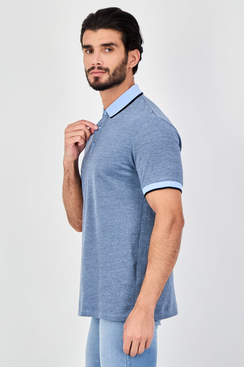 Celio Men Regular Fit Textured Short Sleeve Polo Shirt, Heather Blue - Image 2