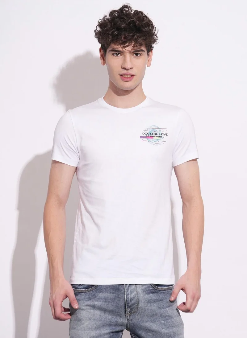 بيينغ هيومان Men Typography Printed Round Neck Cotton Slim Fit T-shirt