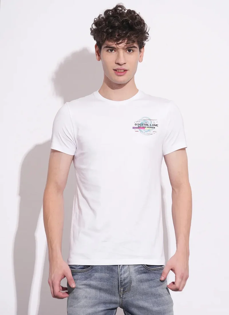 بيينغ هيومان Men Typography Printed Round Neck Cotton Slim Fit T-shirt