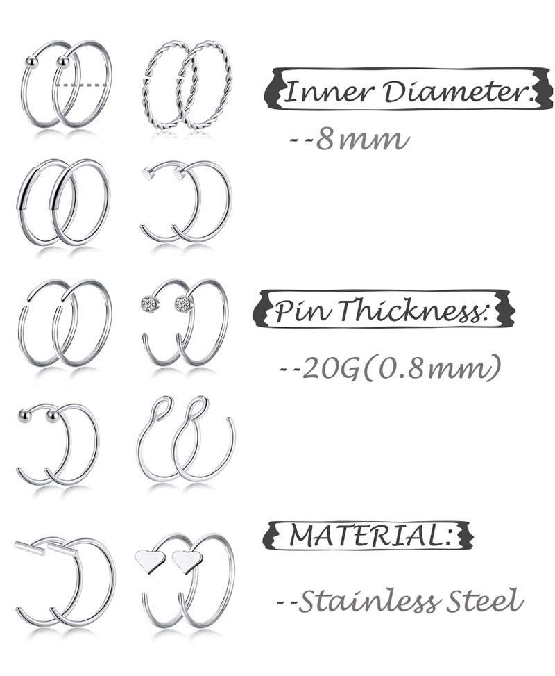 Tornito 20G 38Pcs Stainless Steel L Bone Screw Shaped Nose Studs Nose Rings CZ Hoop Tragus Cartilage Nose Ring Labret Nose Piercing Jewelry for Men Women Silver Tone (D: 38Pcs, Silver&Screw) - Image 4