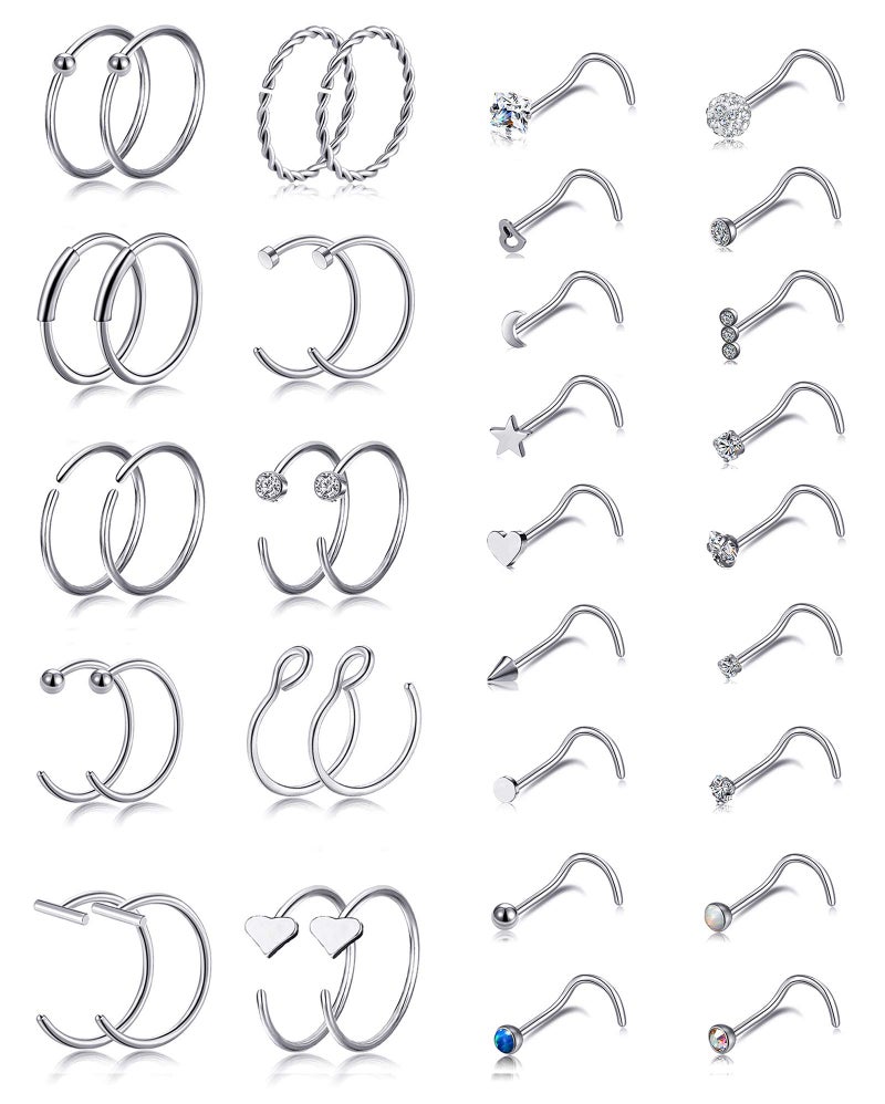 Tornito 20G 38Pcs Stainless Steel L Bone Screw Shaped Nose Studs Nose Rings CZ Hoop Tragus Cartilage Nose Ring Labret Nose Piercing Jewelry for Men Women Silver Tone (D: 38Pcs, Silver&Screw) - Image 1