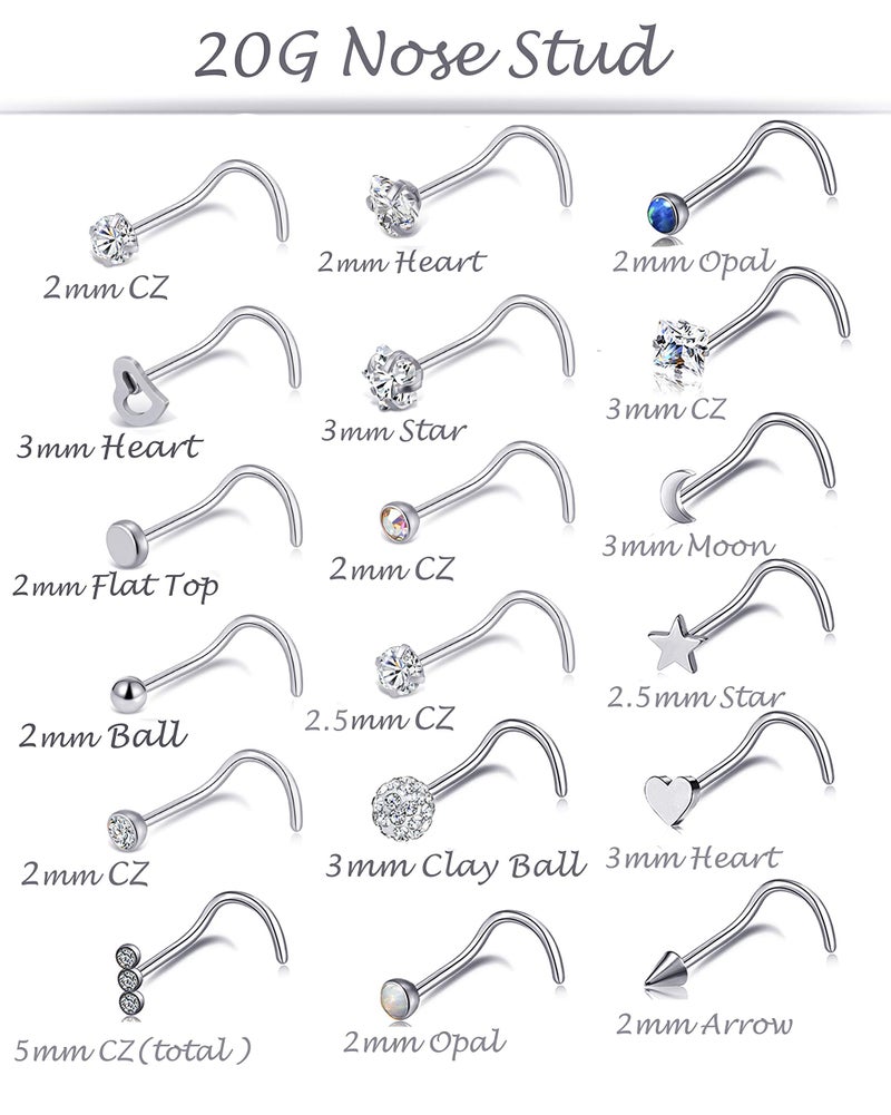 Tornito 20G 38Pcs Stainless Steel L Bone Screw Shaped Nose Studs Nose Rings CZ Hoop Tragus Cartilage Nose Ring Labret Nose Piercing Jewelry for Men Women Silver Tone (D: 38Pcs, Silver&Screw) - Image 3