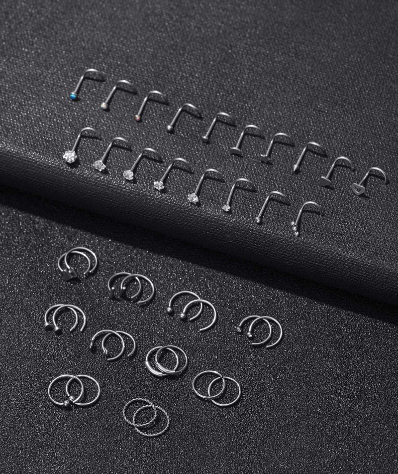 Tornito 20G 38Pcs Stainless Steel L Bone Screw Shaped Nose Studs Nose Rings CZ Hoop Tragus Cartilage Nose Ring Labret Nose Piercing Jewelry for Men Women Silver Tone (D: 38Pcs, Silver&Screw) - Image 5