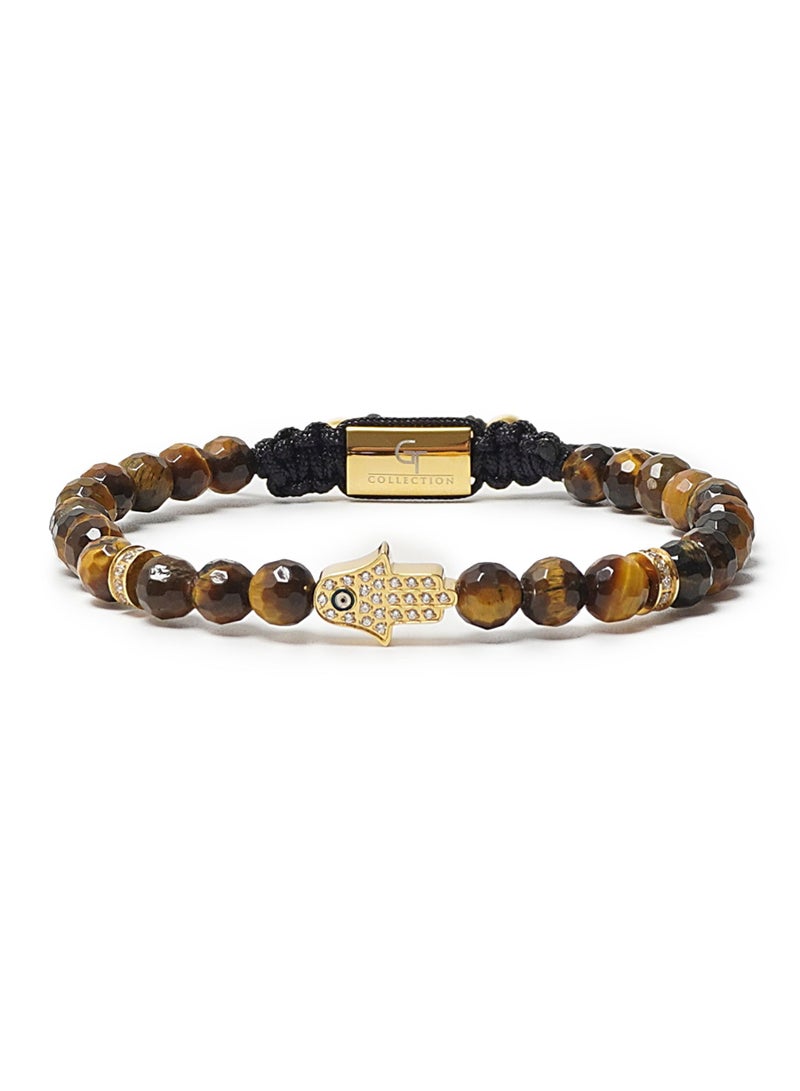 لونورا خرز عين النمر سوار خرز من الحجر الطبيعي مصنوع يدويًا – سوار للرجال، سوار رجالي، هدية للرجال، أساور للرجال – مع يد همسة ذهبية، قابل للتعديل بمقاس واحد للجميع - Image 3