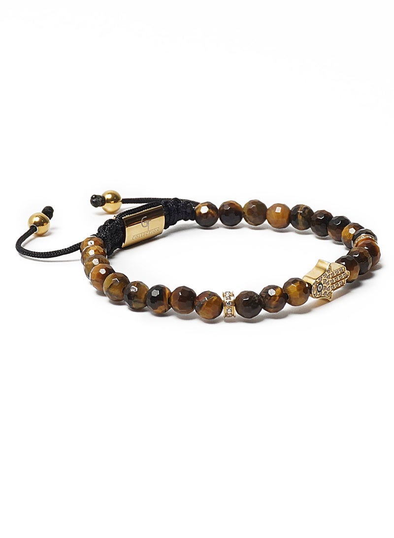 لونورا خرز عين النمر سوار خرز من الحجر الطبيعي مصنوع يدويًا – سوار للرجال، سوار رجالي، هدية للرجال، أساور للرجال – مع يد همسة ذهبية، قابل للتعديل بمقاس واحد للجميع - Image 4