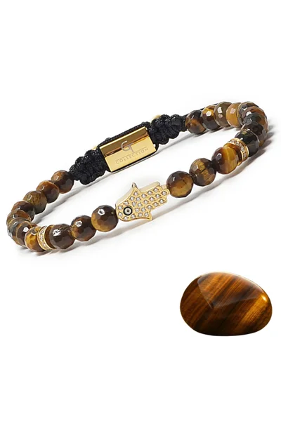 Lunnora Tiger Eye Beads Handmade Natural Stone Bead Bracelet – Bracelet for Men, Men’s Bracelet, Gifts for Men, Bracelets for Men – With Golden Hamsa Hand, Adjustable One Size Fits All