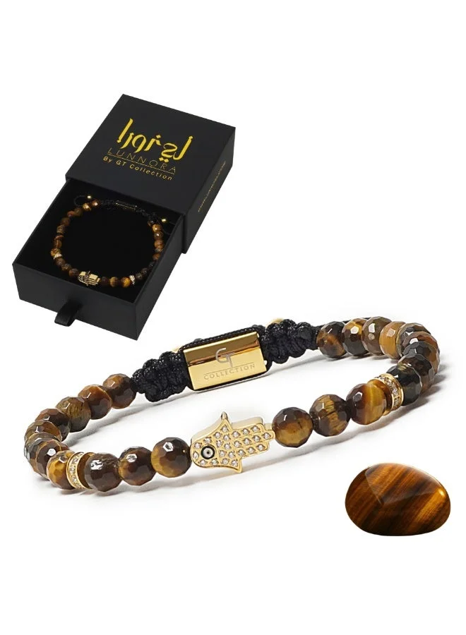 لونورا خرز عين النمر سوار خرز من الحجر الطبيعي مصنوع يدويًا – سوار للرجال، سوار رجالي، هدية للرجال، أساور للرجال – مع يد همسة ذهبية، قابل للتعديل بمقاس واحد للجميع