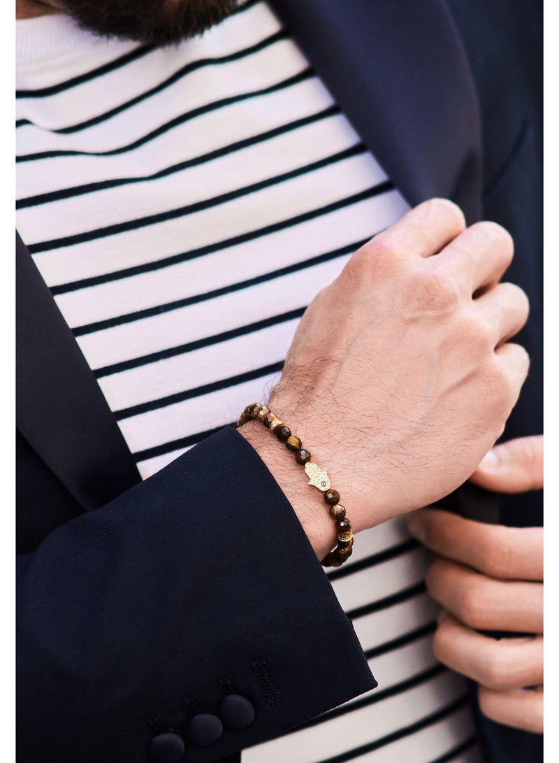 Lunnora Tiger Eye Beads Handmade Natural Stone Bead Bracelet – Bracelet for Men, Men’s Bracelet, Gifts for Men, Bracelets for Men – With Golden Hamsa Hand, Adjustable One Size Fits All - Image 2