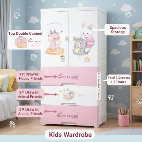 Mevigo Door Plastic Wardrobe for Kids| Almirah and Wardrobe for Baby Clothes| Modular Storage Cabinet with Wheel Organizer for Cupboard Rack for Clothes/Shoes/Books/Toy -Sweet heart-SJ6514 - Image 2