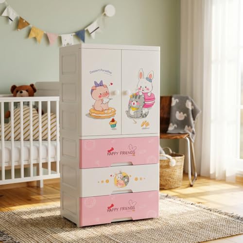 Mevigo Door Plastic Wardrobe for Kids| Almirah and Wardrobe for Baby Clothes| Modular Storage Cabinet with Wheel Organizer for Cupboard Rack for Clothes/Shoes/Books/Toy -Sweet heart-SJ6514 - Image 1