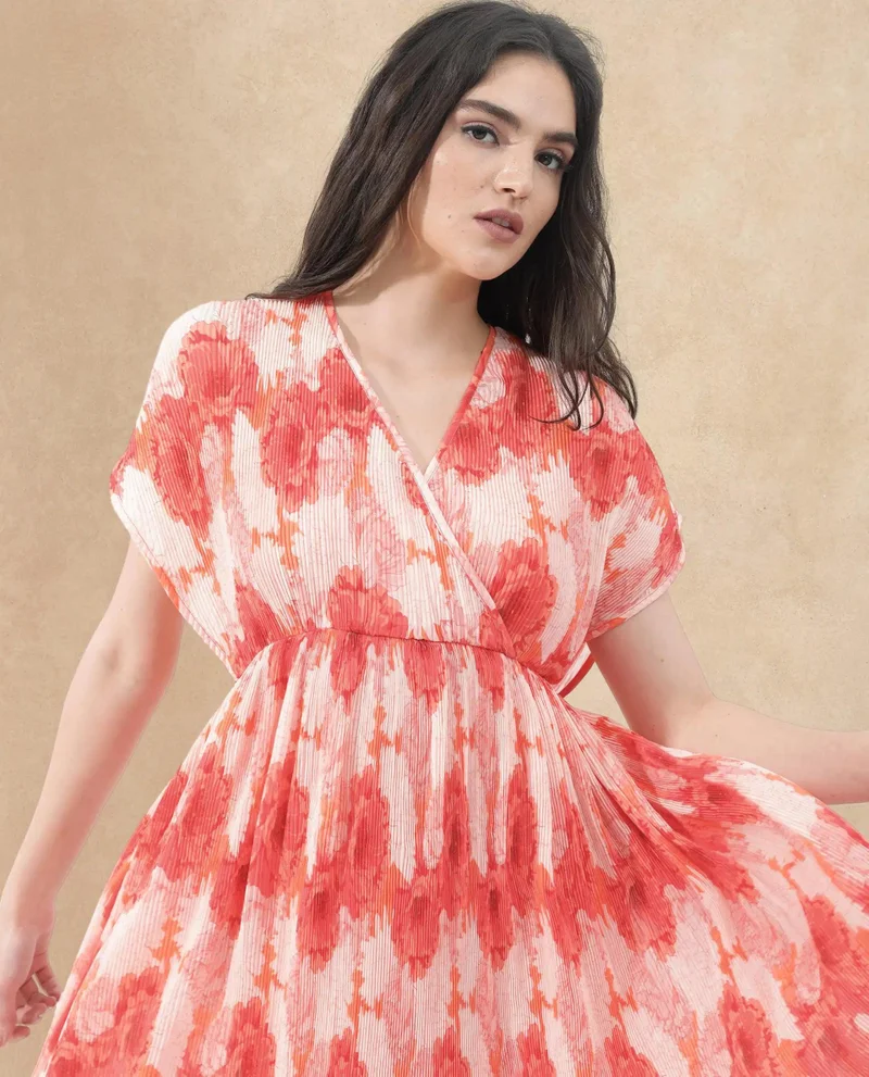 Rareism Women's Floral Printed Midi Wrap Dress