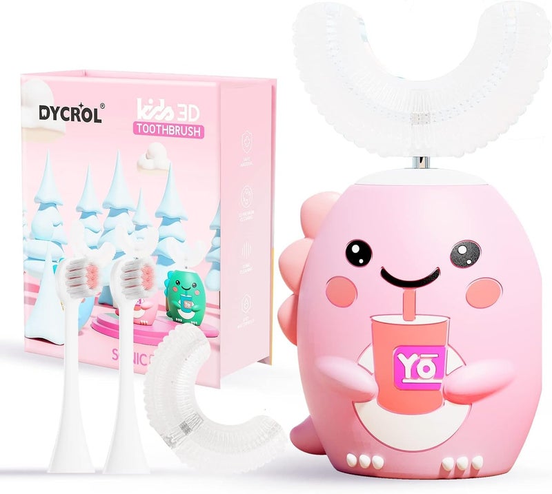 Kids U Shaped Electric Toothbrush with 4 Brush Heads Sonic Toothbrush Kids with 5 Modes Cartoon Dinosaur 360Degree Cleaning IPX7 Waterproof Design 26 Age Pink