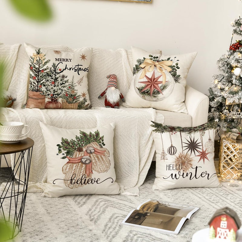 AVOIN colorlife AVOIN colorlife Merry Christmas Balls Eucalyptus Holly Berries Gloves Throw Pillow Covers  18 x 18 Inch Xmas Winter Holiday Cushion Case Decoration for Sofa Couch Set of 4  - Image 2