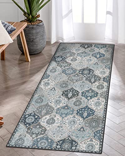 La Home Lahome Moroccan Trellis Kitchen Runner Rug 2x5 Washable Runners for Hallways Non Slip Rubber Backing UltraThin Vintage Carpet for Entryway Bedroom Bathroom Blue