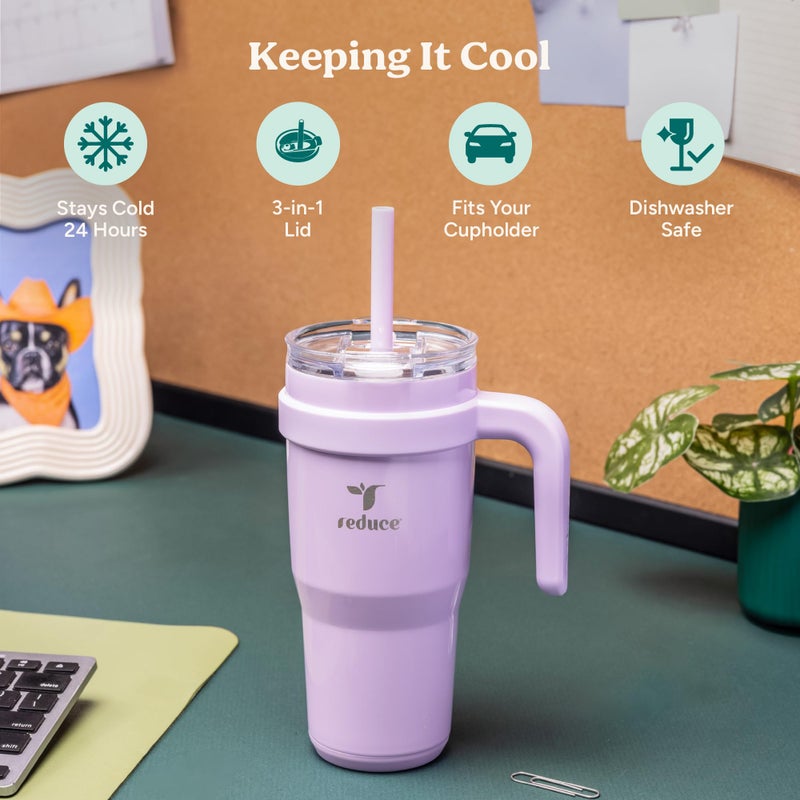 REDUCE 24 oz Stainless Steel Tumbler with Handle - Dual-Wall Vacuum Insulated Travel Mug, Sweat-Proof Lid & Reusable Straw - Keeps Drinks Cold for 24 Hrs, Fits Cupholders, Dishwasher Safe - Lilac Bud - Image 3