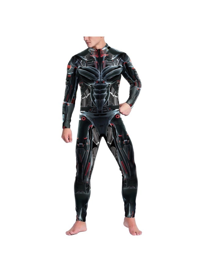 NIBEMINENT Men's digital printed tight-fitting jumpsuit, open-collar zippered long-sleeved jumpsuit - Image 1