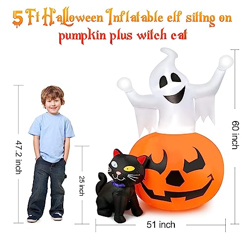 HOPOCO 5 FT Halloween Inflatables Outdoor Spooky Pumpkin and Witch' s Black Cat Combo Inflatable Decor, Halloween Blow Up Yard Decorations Clearance with Build-in LED Lights, Halloween Outdoor Decorations - Image 2