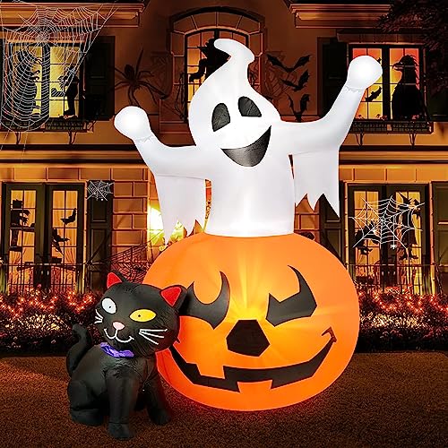 HOPOCO 5 FT Halloween Inflatables Outdoor Spooky Pumpkin and Witch' s Black Cat Combo Inflatable Decor, Halloween Blow Up Yard Decorations Clearance with Build-in LED Lights, Halloween Outdoor Decorations - Image 1
