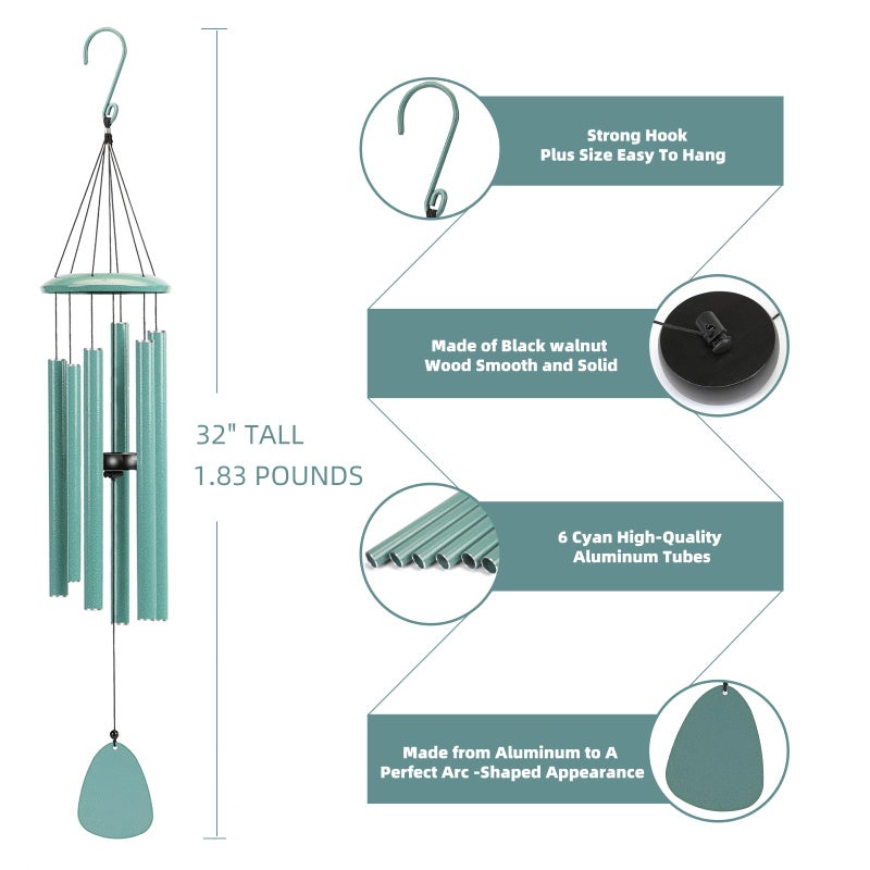 FSVGYY Wind-Chimes-Outdoor-Deep-Tone, Large Soothing Melodic Tones Windchimes, Wind Chimes for Outside, Memorial Wind Chime Best Gift for Mom Women Grandma Neighbors(32" Cyan Coated Aluminum) - Image 5