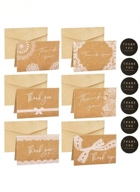 Paper Thank You Cards Thank Greeting Card Includes Pack of 12, 6 Different Designs with Envelopes and Stickers for Wedding, Baby Shower, Thanksgiving Day Cards, Thank You Card