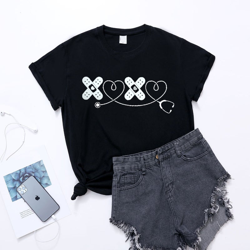 wish cross-border new spot Leisure International Nurse's day XOXO stethoscope fun printing round neck T women's short sleeve - Image 2
