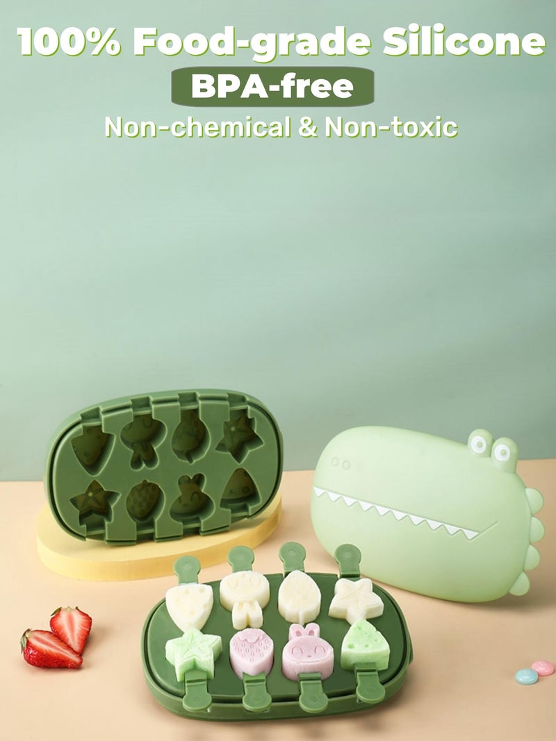 Zigihos Silicone Popsicle Molds, Dinosaur Animal Small Mini Popsicles Molds, Fun Shaped Homemade Ice Popsicle Molds Set, BPA Free (Green-crocodile(8 pieces)) - Image 2