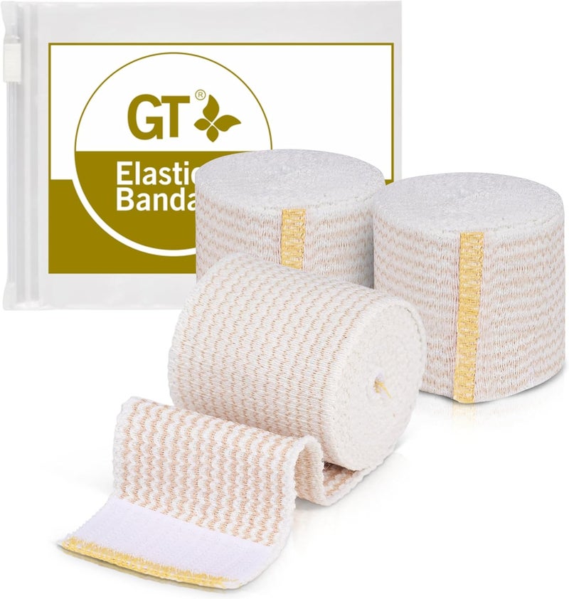 GT Premium Elastic Bandage Wrap (2" 3 Pack) - Hook & Loop Fasteners at Both Ends - Latex Free Hypoallergenic Compression Roll - Reusable Bandages Best for Waist, Legs, Elbow & Knee Wrap 